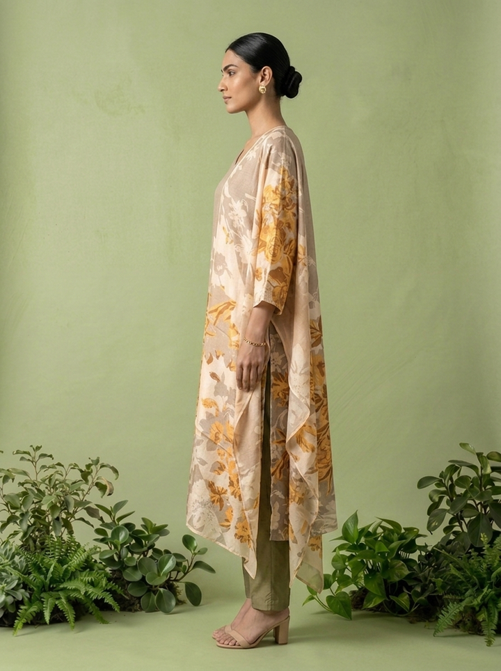 Beige And Yellow Silk Floral Digital Printed Three Piece Set