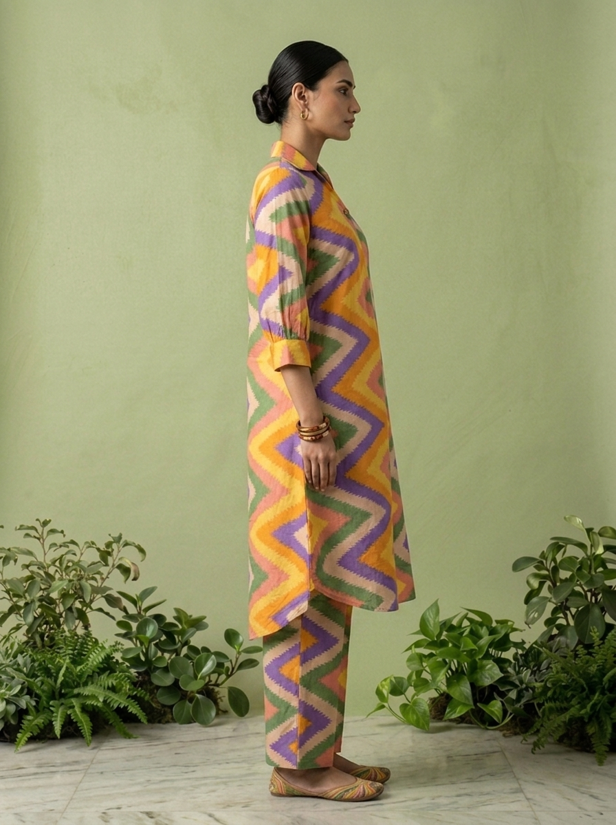 Multicolor Cotton Chevron Printed Two Piece Set