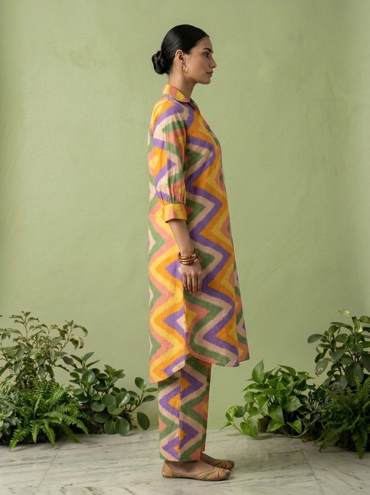 Multicolor Cotton Chevron Printed Two Piece Set