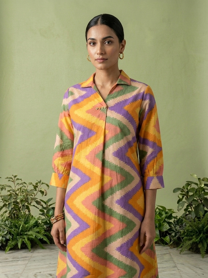 Multicolor Cotton Chevron Printed Two Piece Set