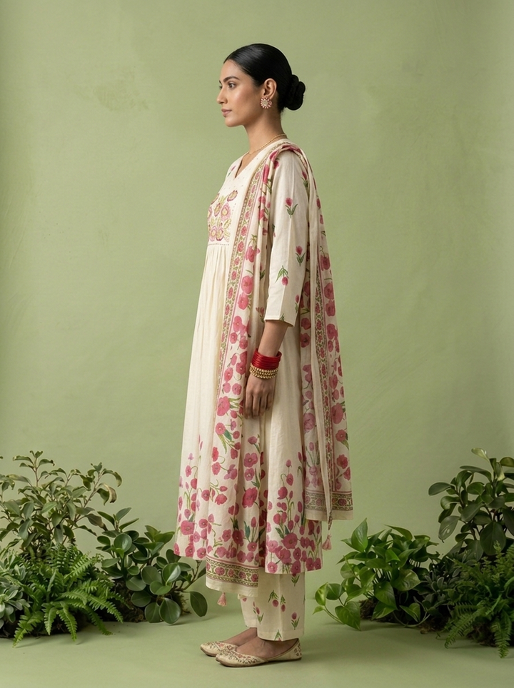 Cream Cotton Floral Printed And Thread Embroidery Three Piece Set