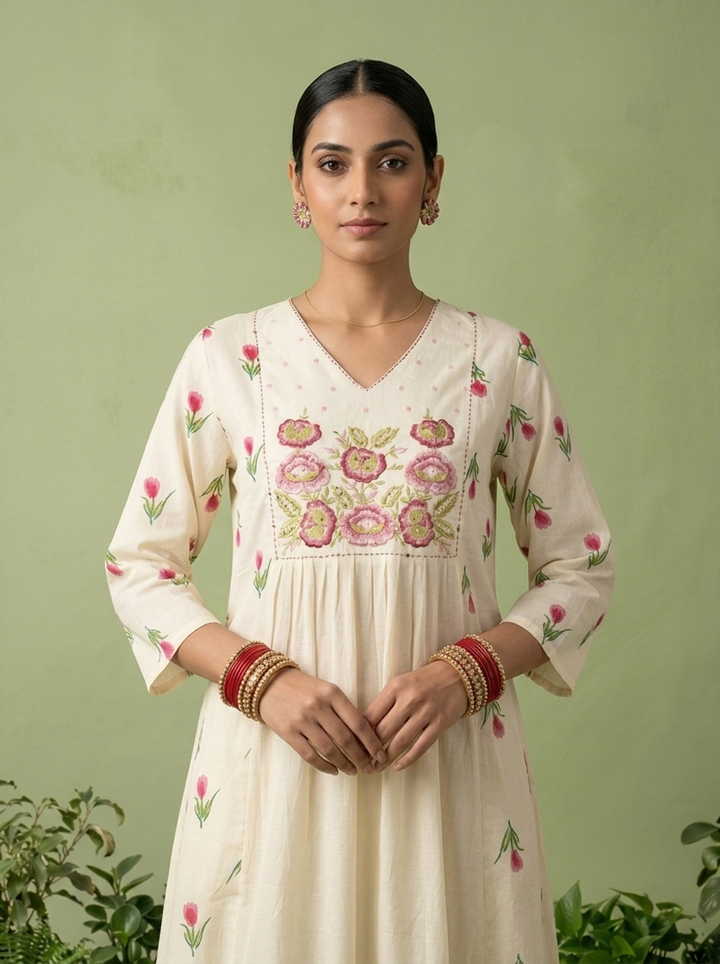 Cream Cotton Floral Printed And Thread Embroidery Three Piece Set