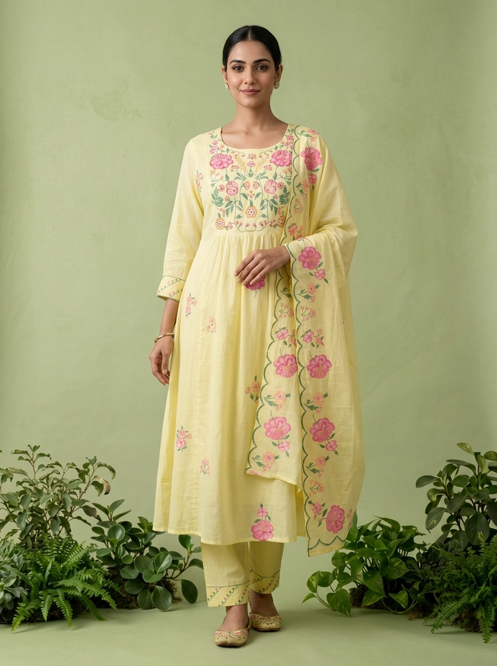 Yellow Cotton Floral Printed Three Piece Set