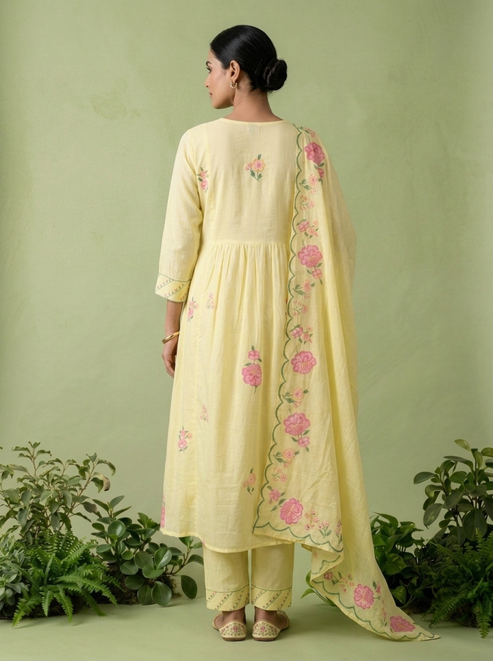 Yellow Cotton Floral Printed Three Piece Set