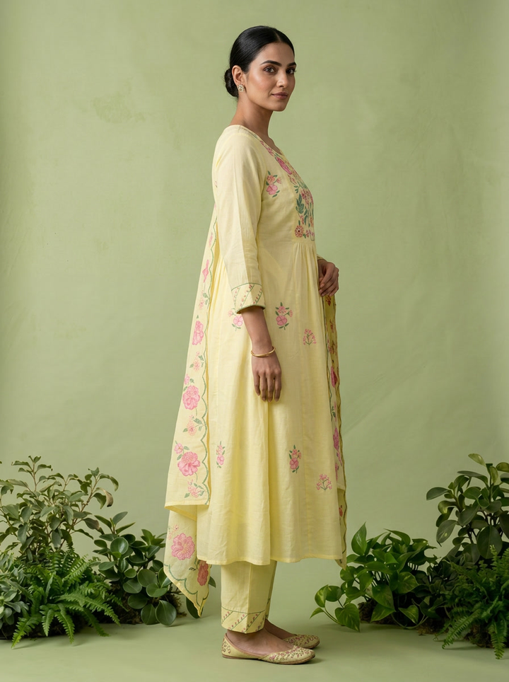Yellow Cotton Floral Printed Three Piece Set