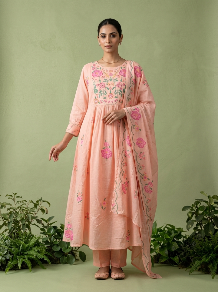 Baby Pink Cotton Floral Printed Three Piece Set
