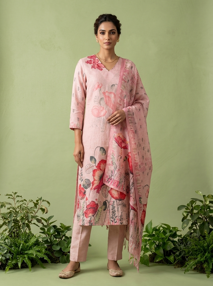 Peach Linen Floral Printed Three Piece Set