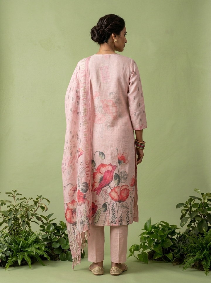 Peach Linen Floral Printed Three Piece Set