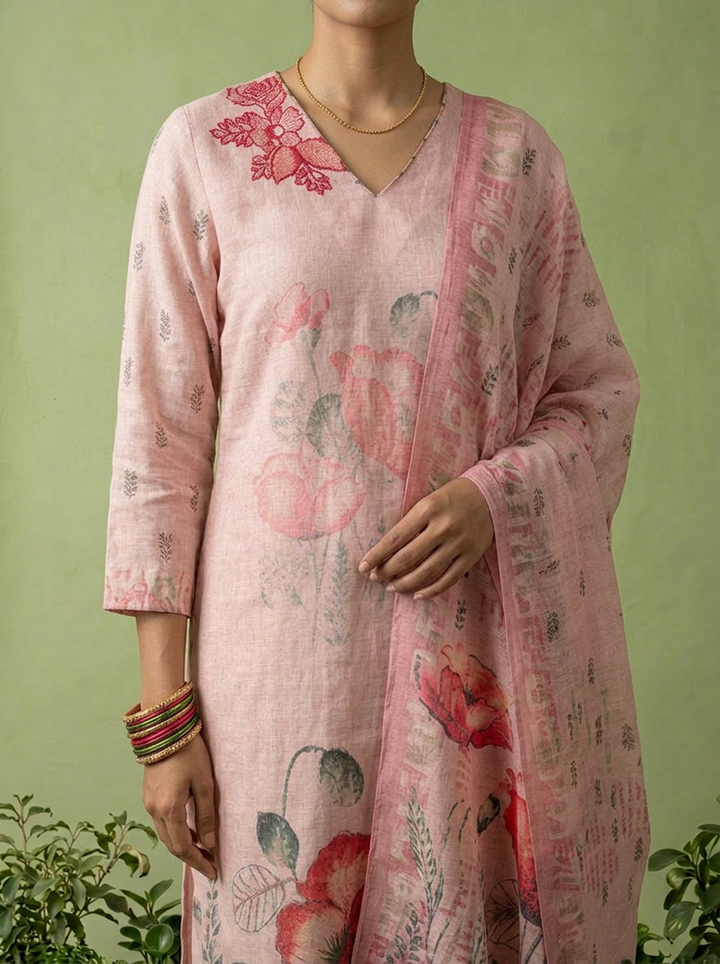 Peach Linen Floral Printed Three Piece Set