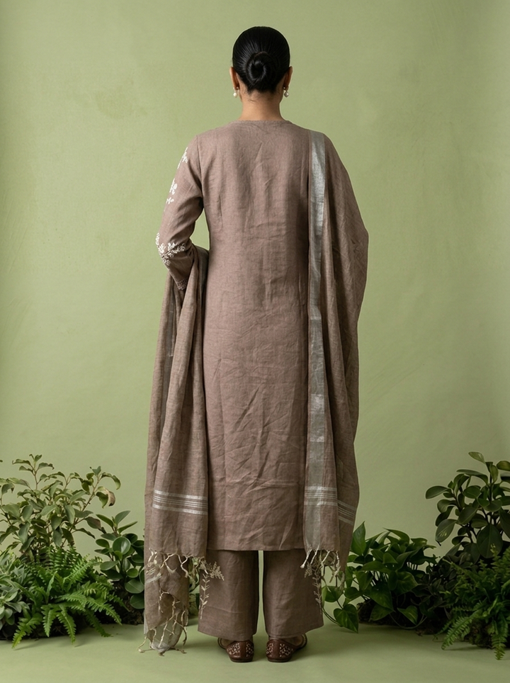 Brown Linen Floral Thread Embroidery Three Piece Set