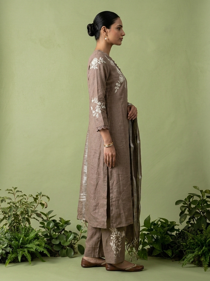 Brown Linen Floral Thread Embroidery Three Piece Set