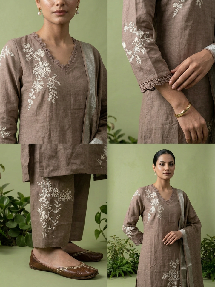 Brown Linen Floral Thread Embroidery Three Piece Set
