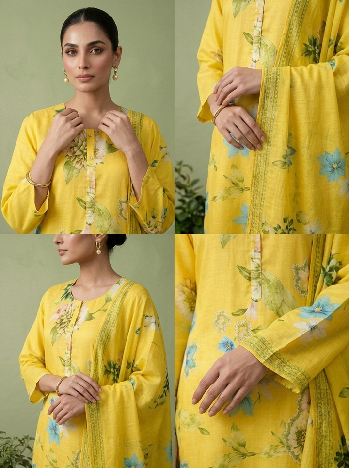 Yellow Linen Heavy Floral Printed Three Piece Set