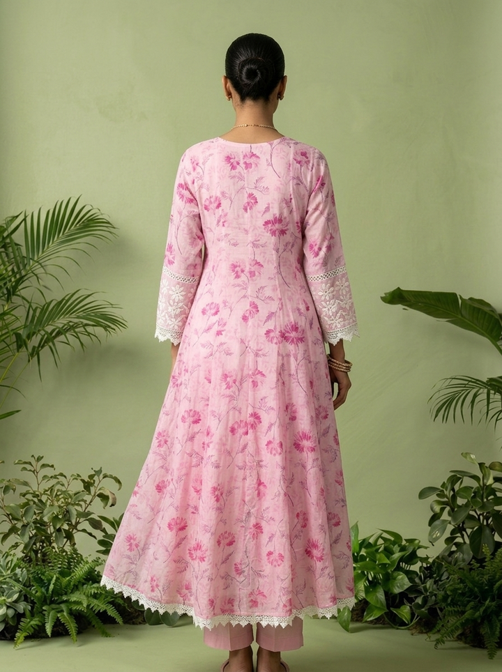 Baby Pink Cotton Floral Printed And Thread Embroidery Three Piece Set