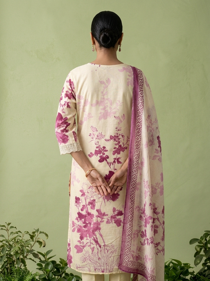 Wine Chikankari Printed And Beads Embroidered Three Piece Set