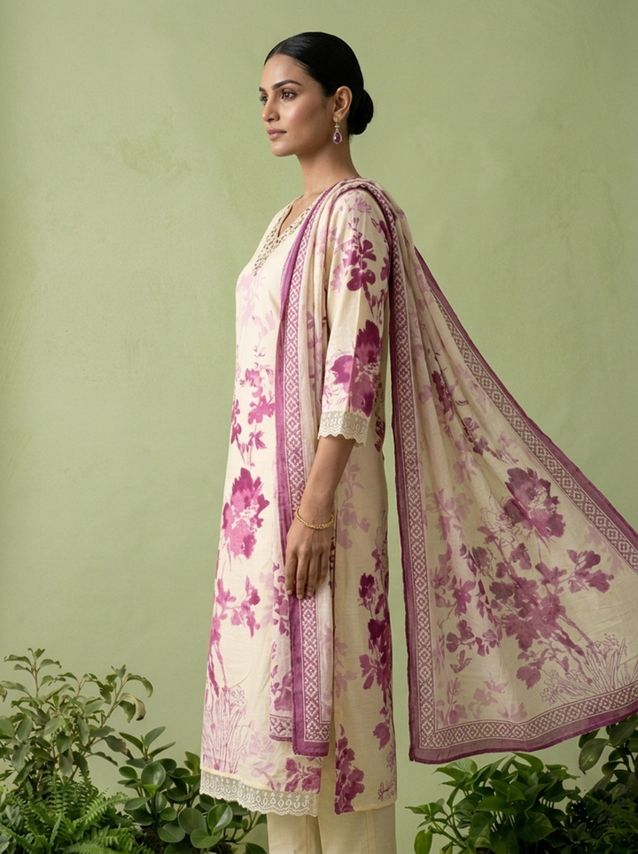 Wine Chikankari Printed And Beads Embroidered Three Piece Set