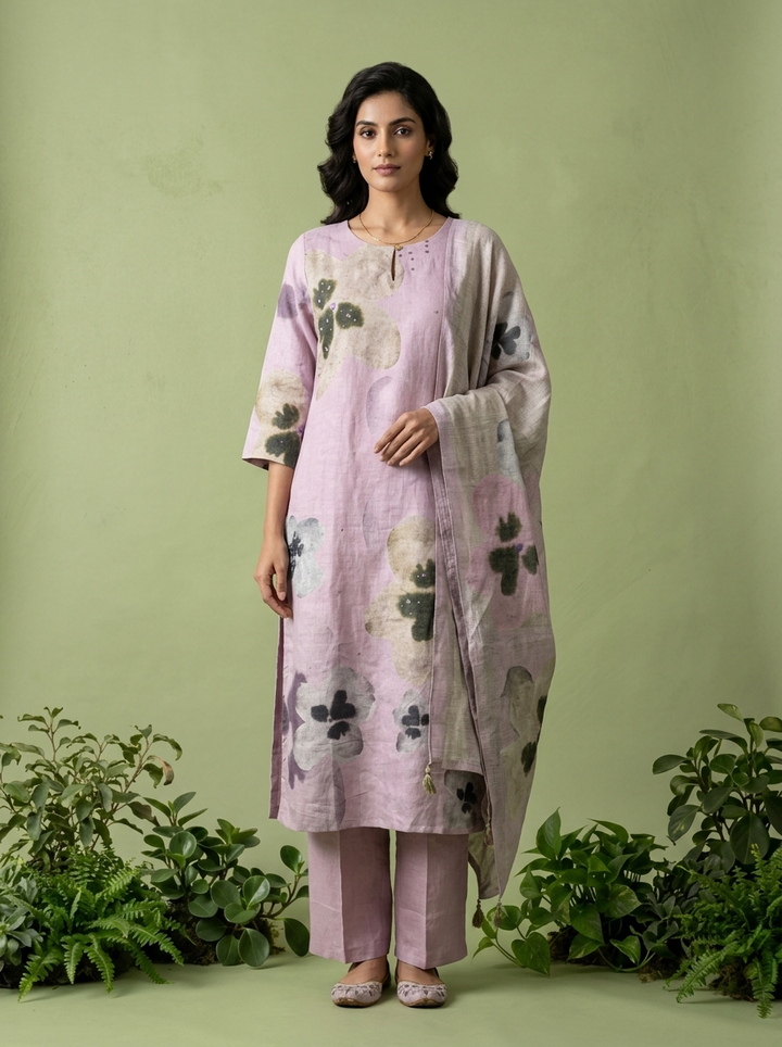 Lilac Linen Floral Printed Three Piece Set