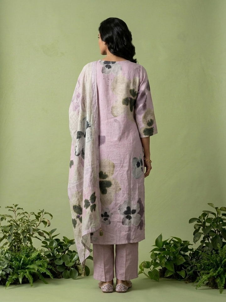 Lilac Linen Floral Printed Three Piece Set