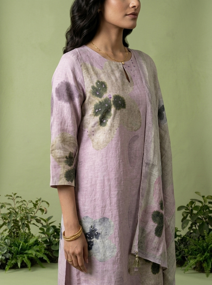 Lilac Linen Floral Printed Three Piece Set