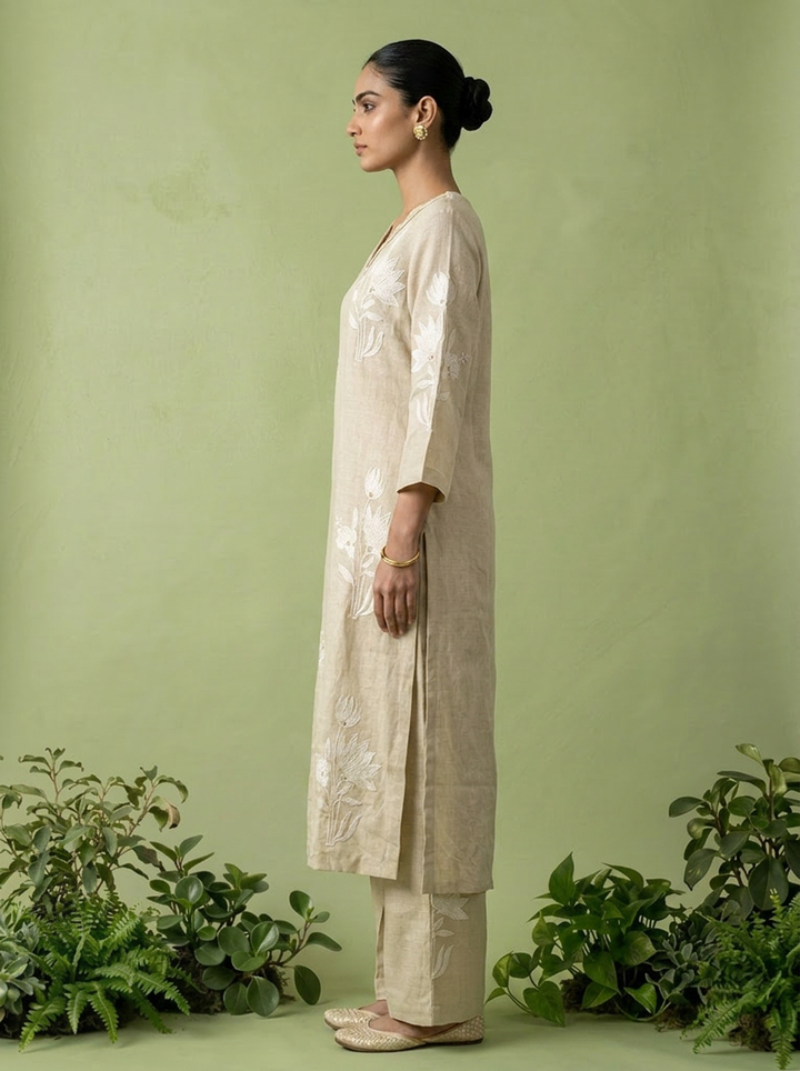 Cream Linen Floral Thread Embroidered Two Piece Set