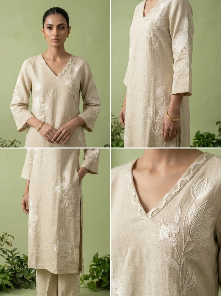 Cream Linen Floral Thread Embroidered Two Piece Set