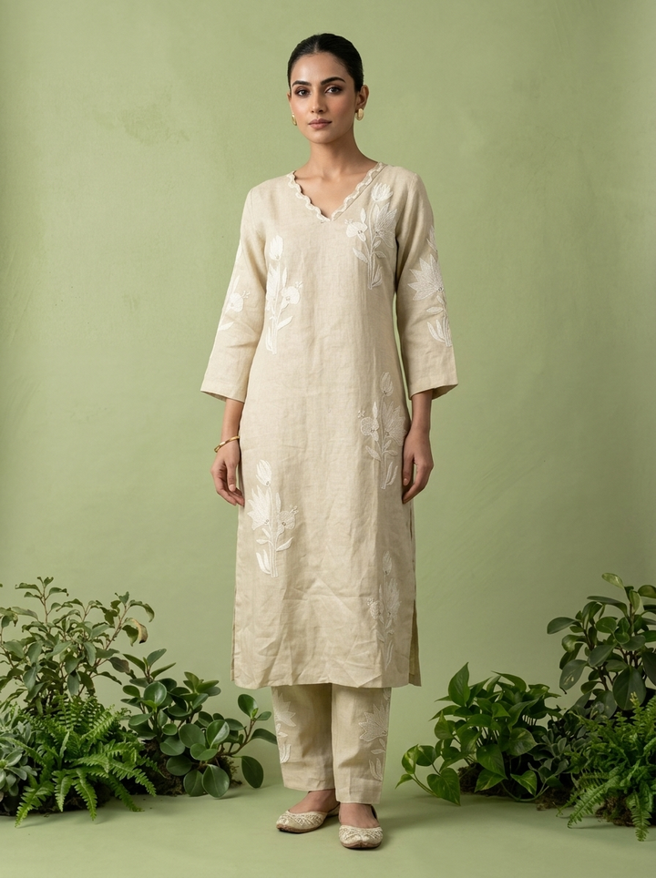 Cream Linen Floral Thread Embroidered Two Piece Set