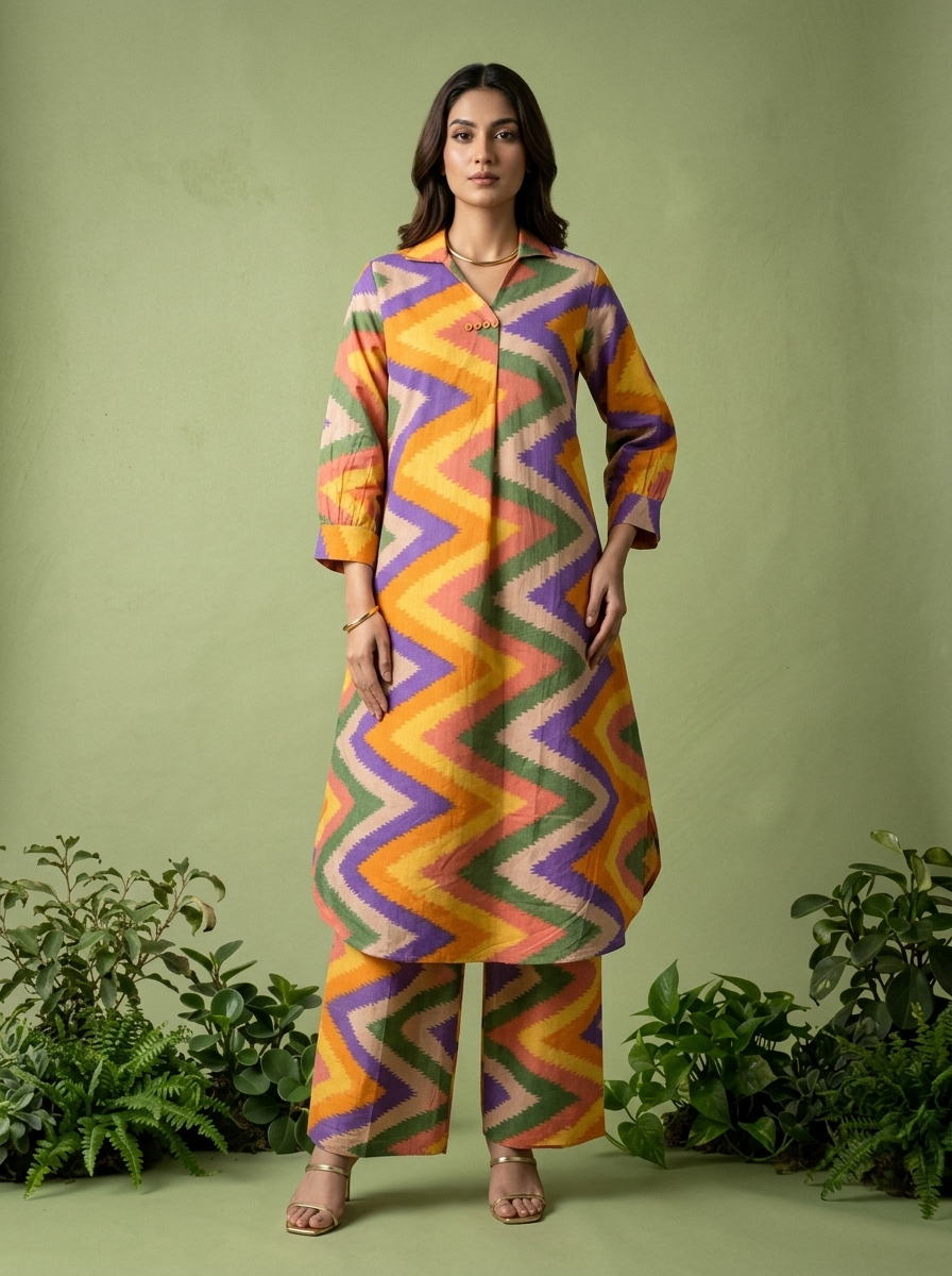Multicolor Cotton Chevron Printed Two Piece Set