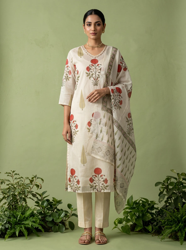 Cream Cotton Stone Embroidery And Floral Printed Three Piece Set