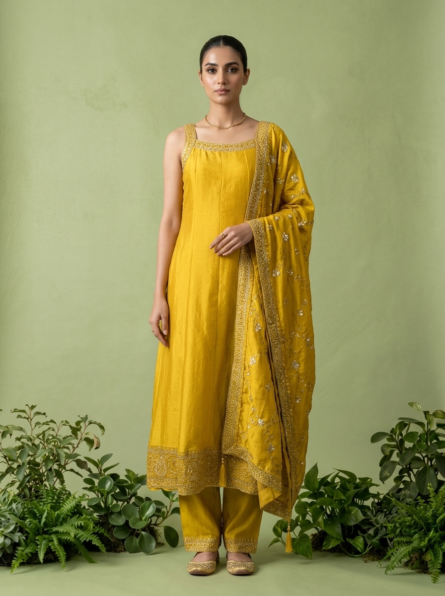 Yellow Silk Three Piece Set