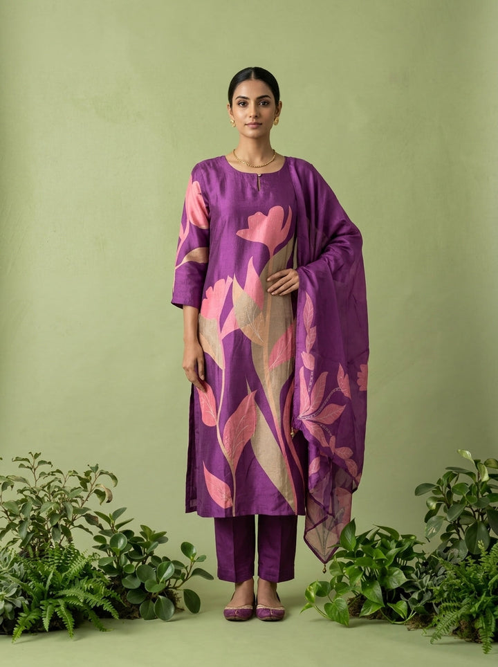 Purple Silk Floral Digital Printed Three Piece Set