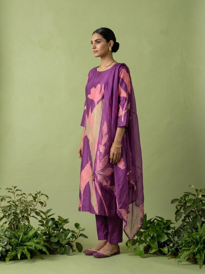 Purple Silk Floral Digital Printed Three Piece Set