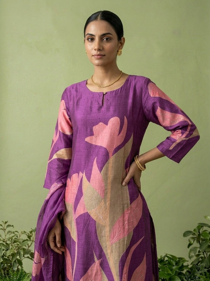 Purple Silk Floral Digital Printed Three Piece Set
