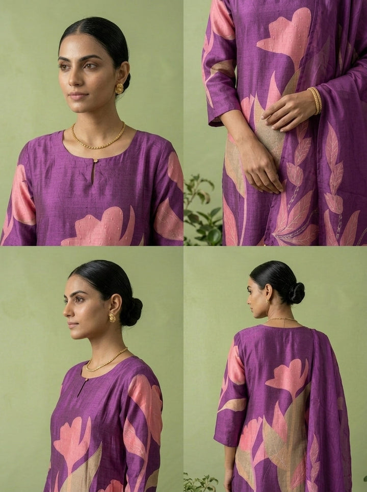 Purple Silk Floral Digital Printed Three Piece Set