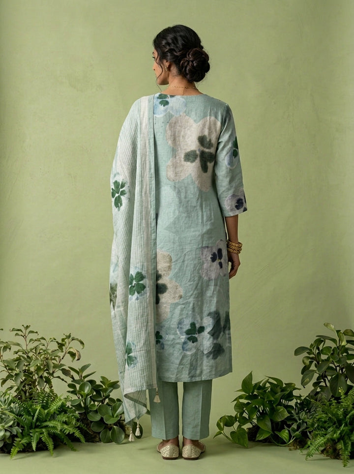 Mint Linen Floral Printed Three Piece Set