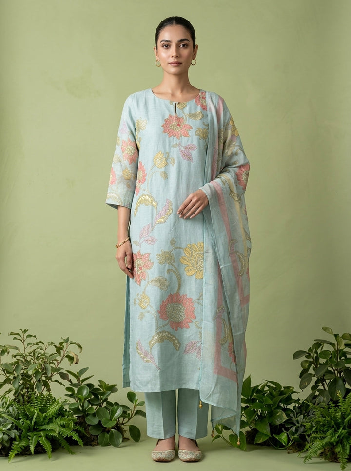 Aqua Cotton Floral Printed Three Piece Set