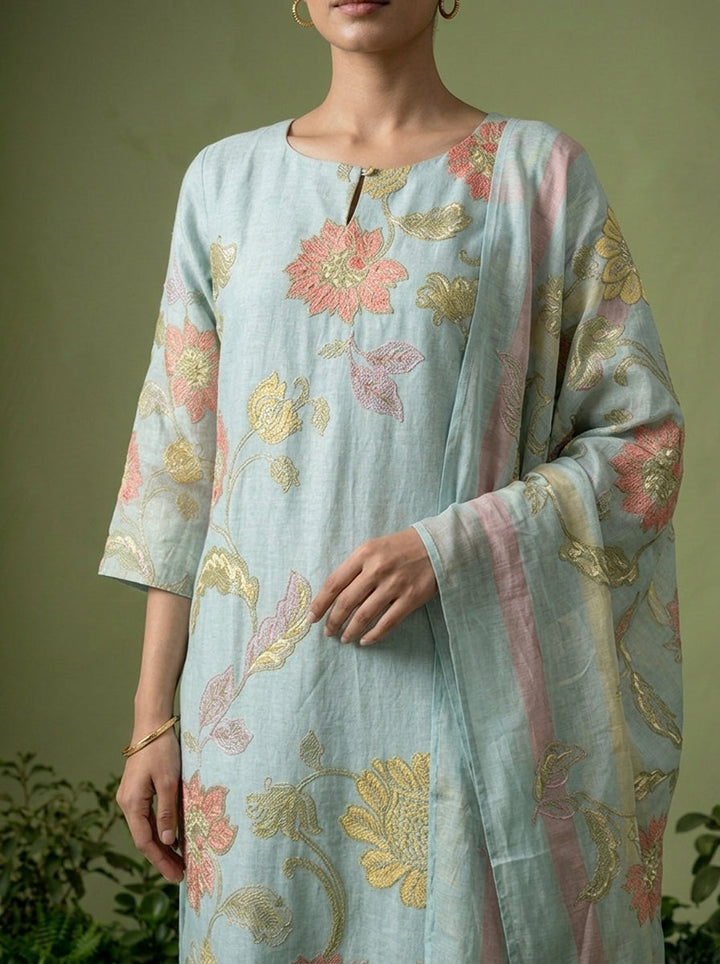 Aqua Cotton Floral Printed Three Piece Set