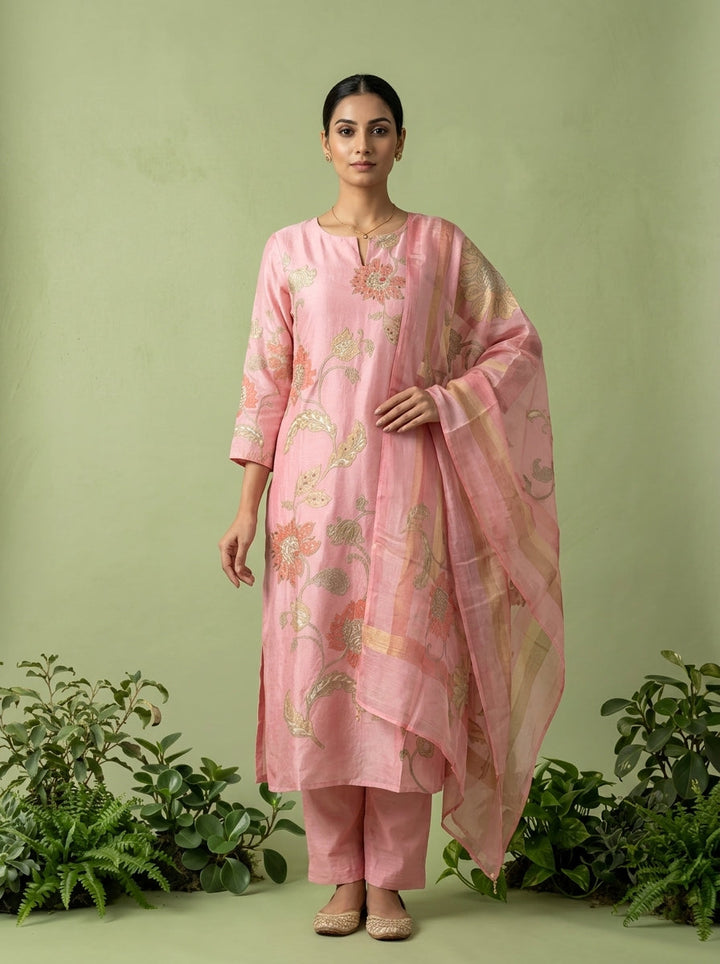 Peach Cotton Floral Printed Three Piece Set
