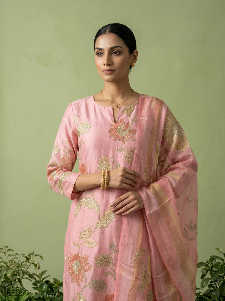Peach Cotton Floral Printed Three Piece Set