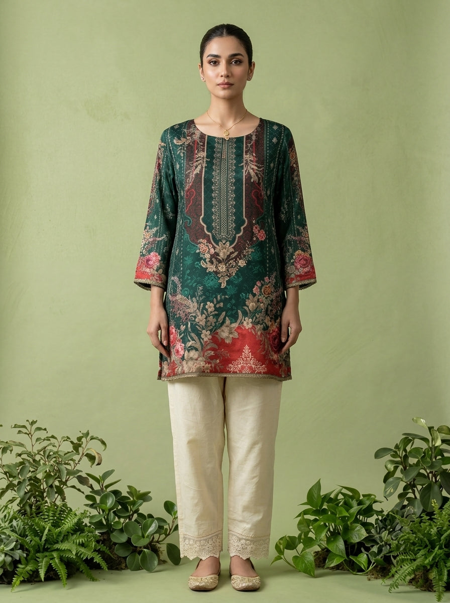 Bottle Green Crepe Digital Printed Kurti