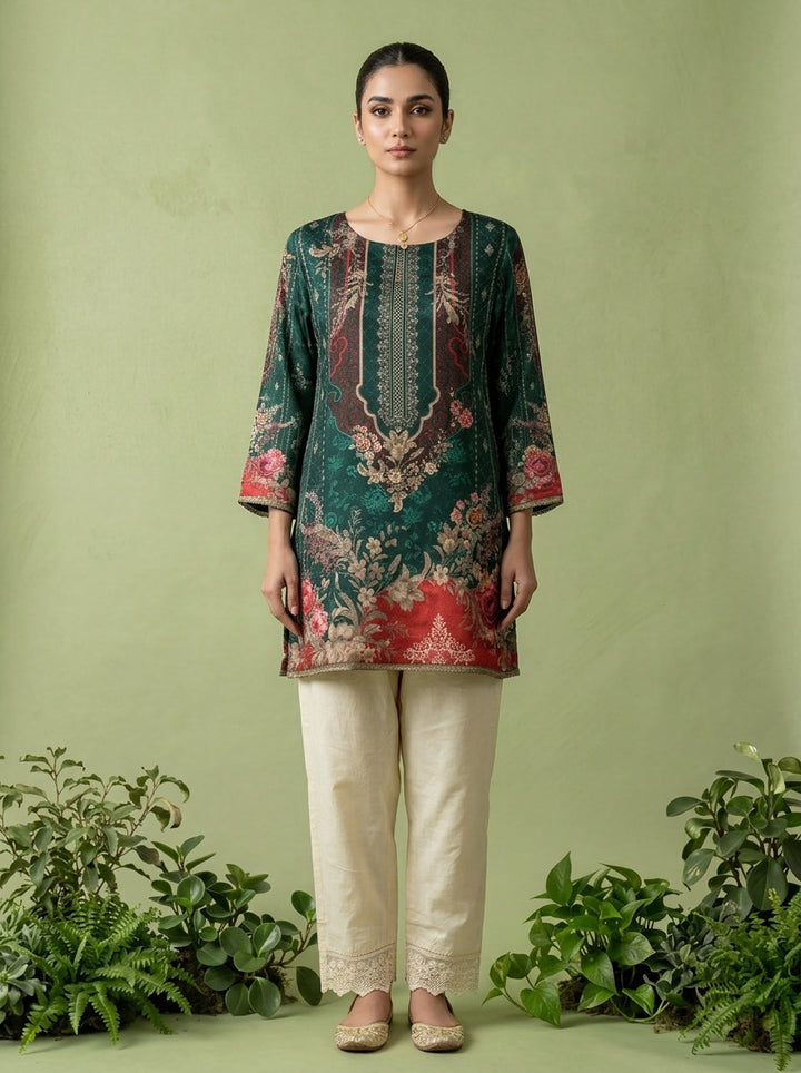 Bottle Green Crepe Digital Printed Kurti