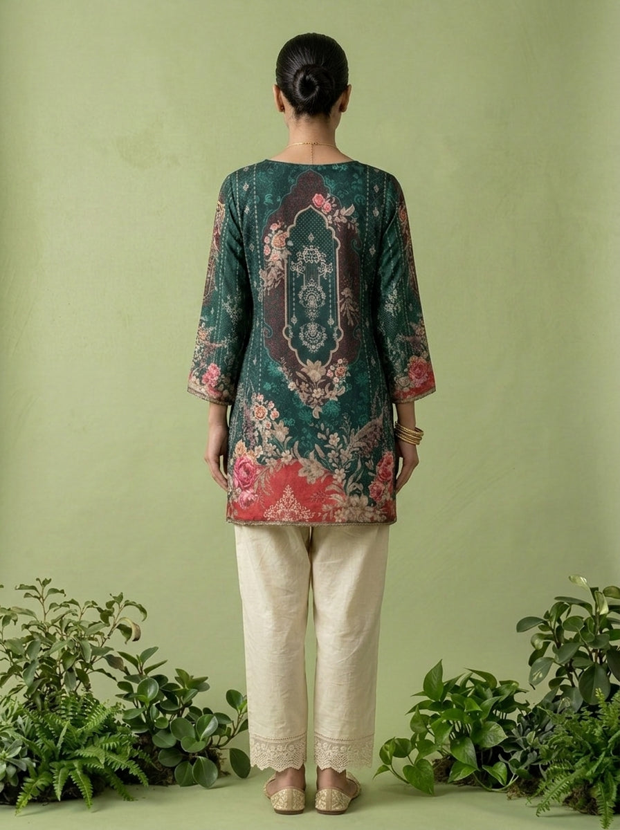 Bottle Green Crepe Digital Printed Kurti