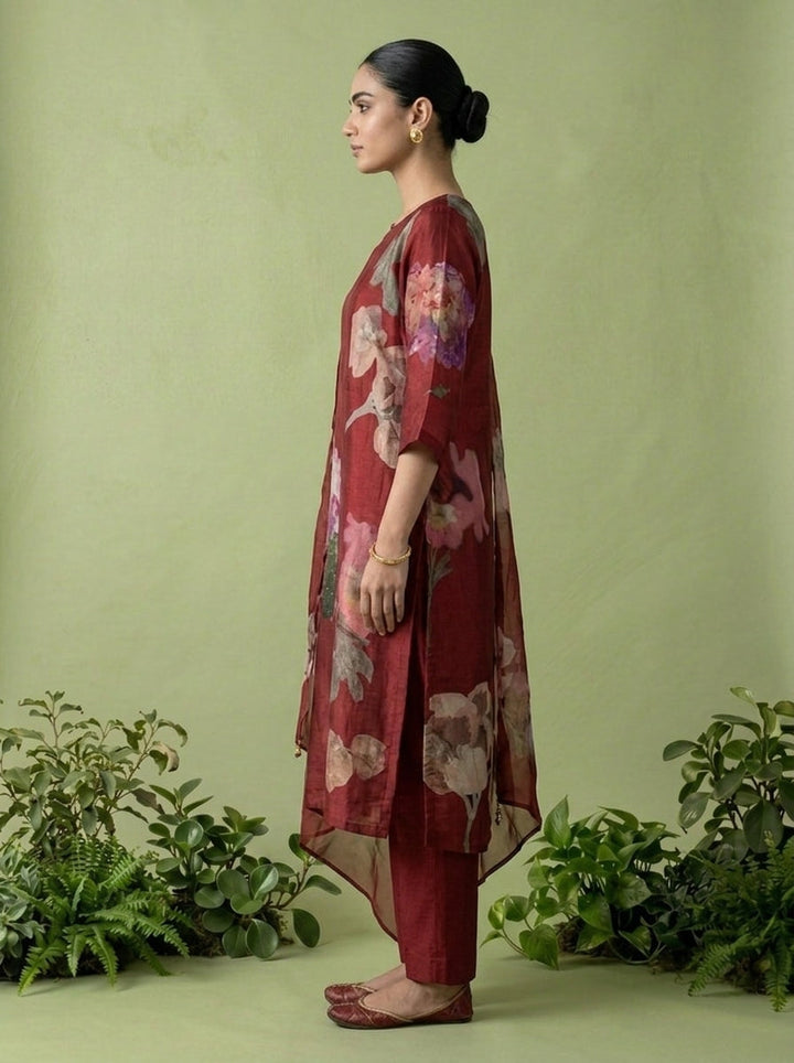 Maroon Muslin Floral Digital Printed Three Piece Set