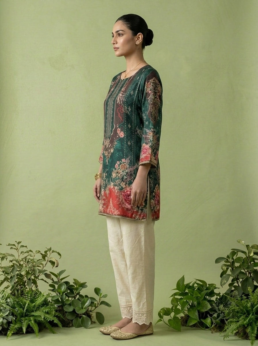 Bottle Green Crepe Digital Printed Kurti