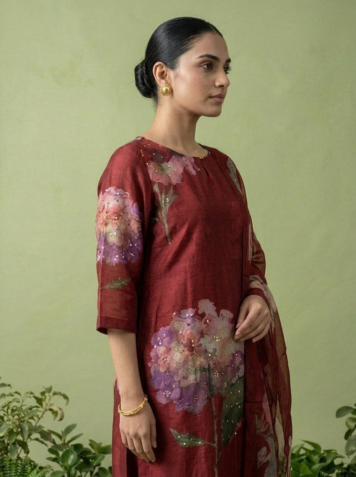 Maroon Muslin Floral Digital Printed Three Piece Set