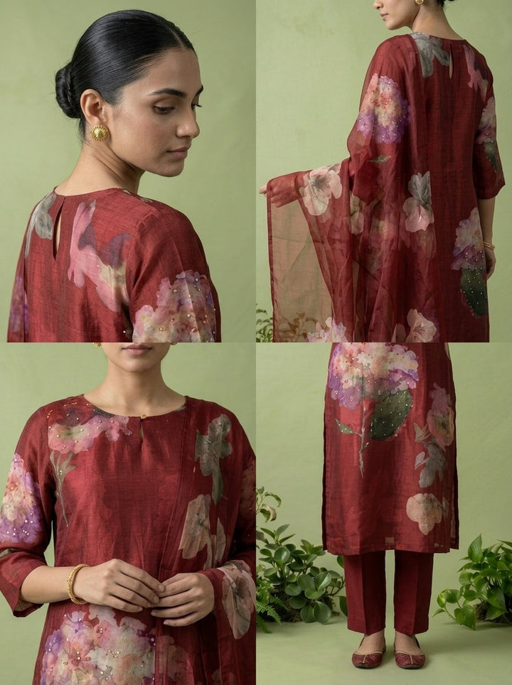 Maroon Muslin Floral Digital Printed Three Piece Set