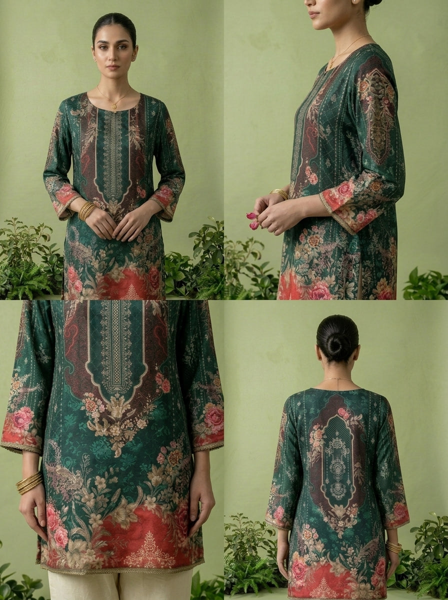Bottle Green Crepe Digital Printed Kurti