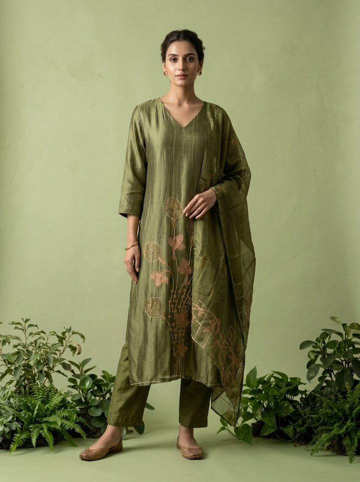 Olive Silk Beads Embroidered And Printed Three Piece Set