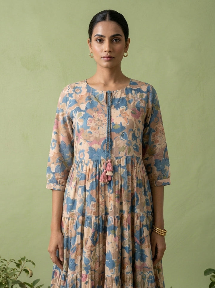 Blue Cotton Floral Printed Dress