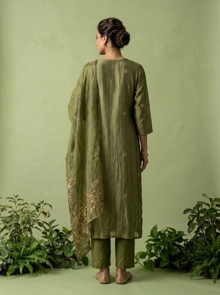 Olive Silk Beads Embroidered And Printed Three Piece Set