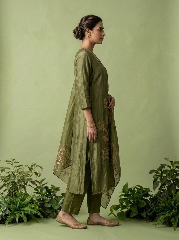 Olive Silk Beads Embroidered And Printed Three Piece Set
